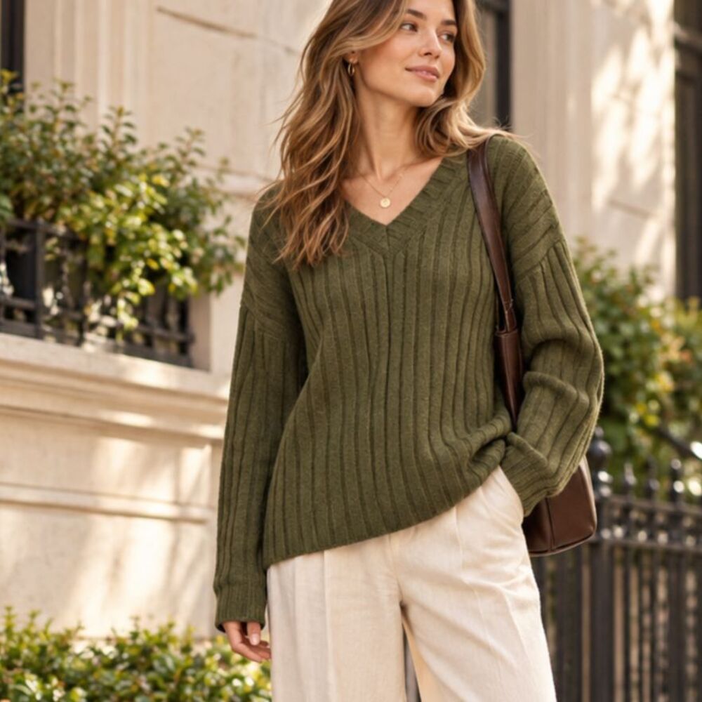 Vintage GAP 100% Lambswool Olive Ribbed V-Neck Sweater Size M 90s Minimalist